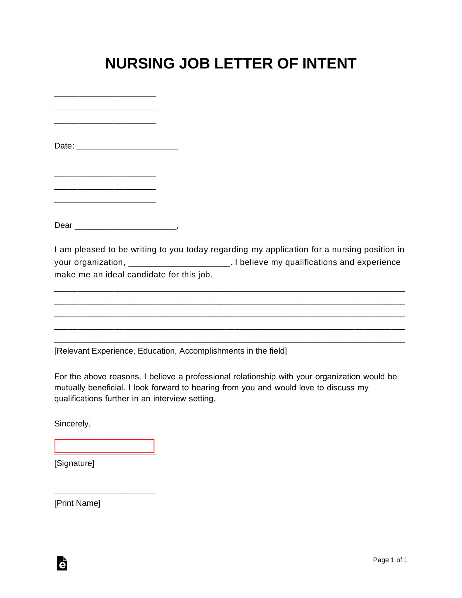 Free Nursing Job Letter of Intent - PDF | Word – eForms