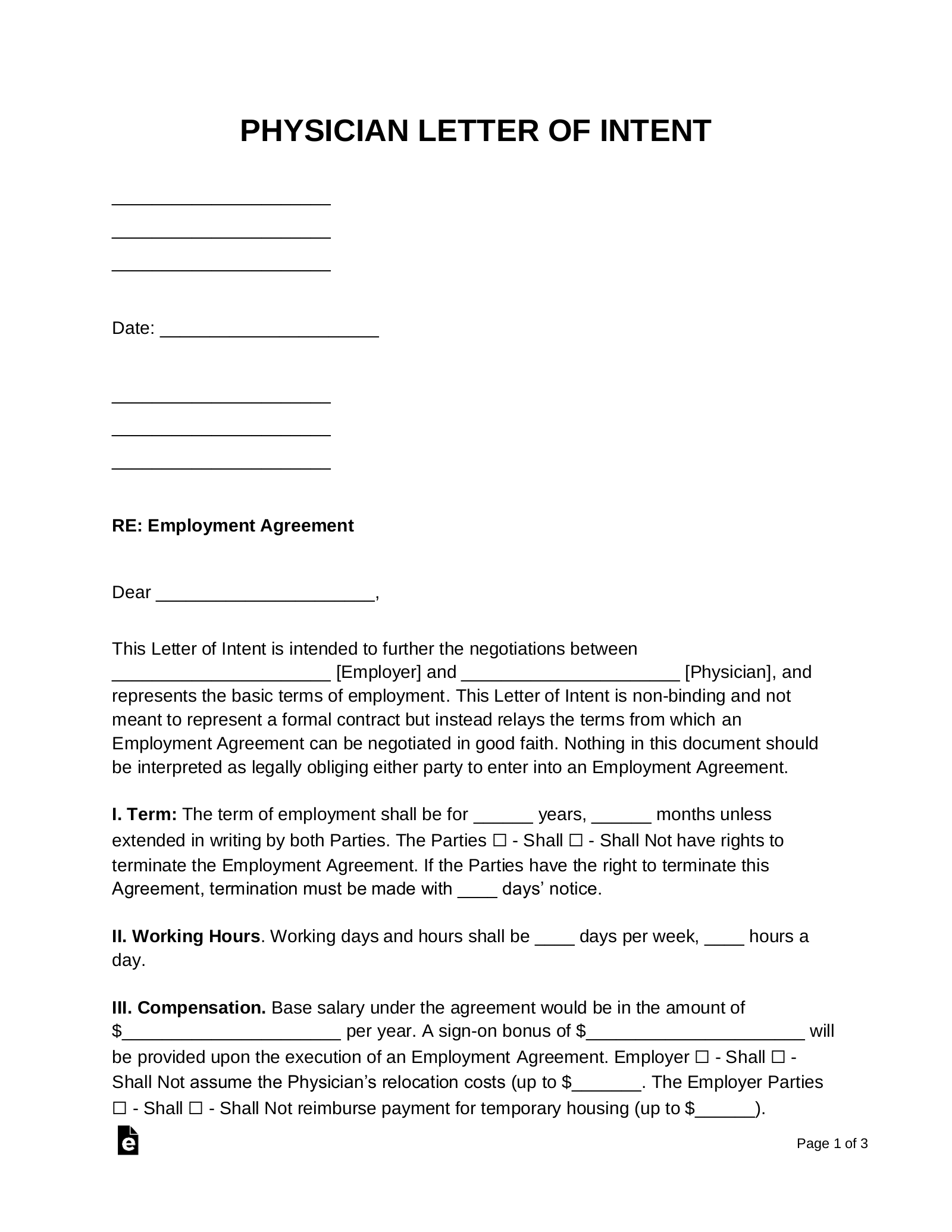 Letter Of Intent To Hire Template