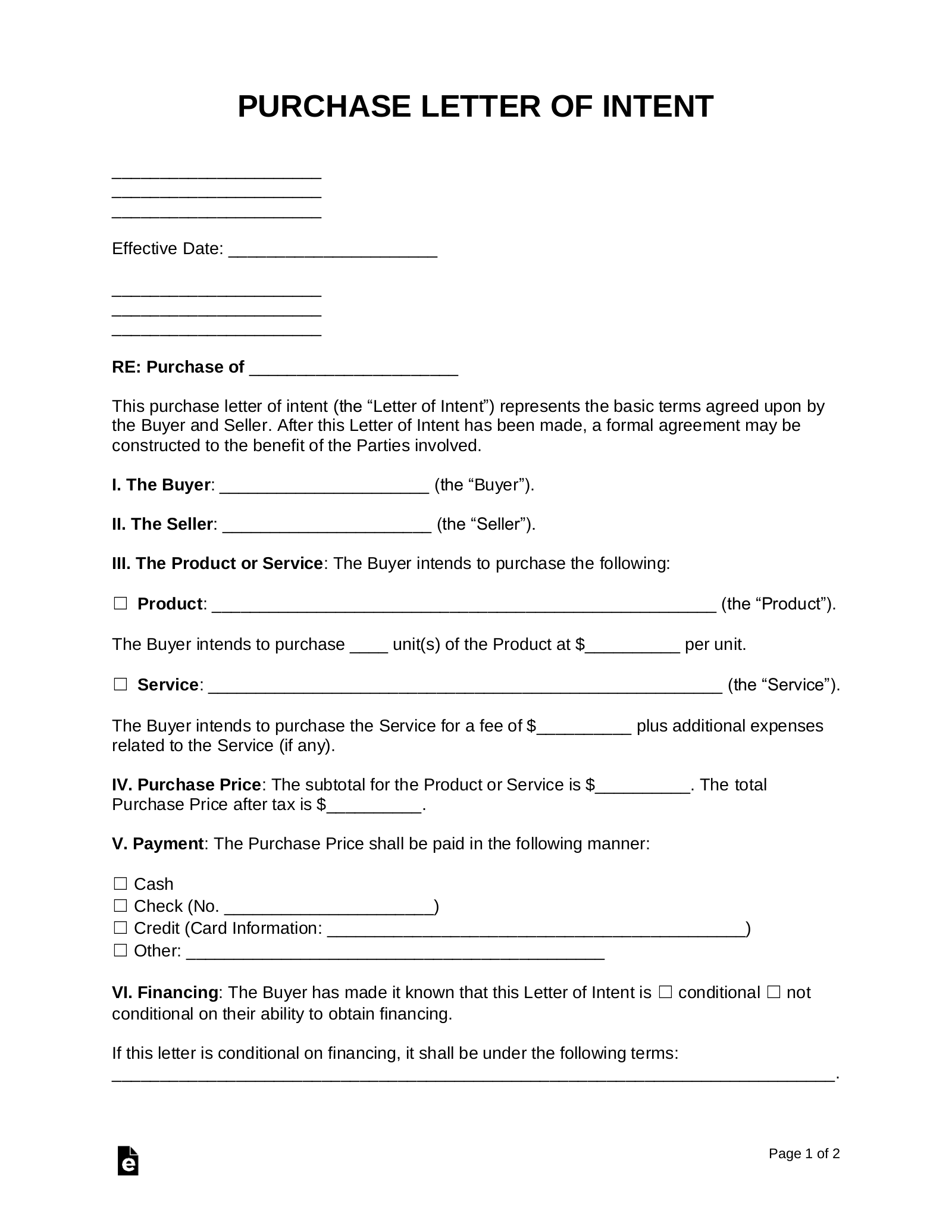 Letter Of Intent To Purchase Template