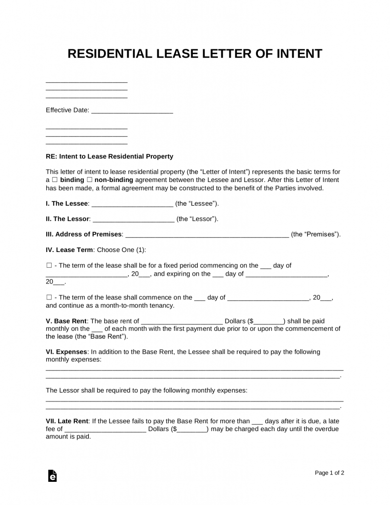 Free Real Estate Letter Of Intent Purchase Or Lease Word Pdf Eforms Free Fillable Forms