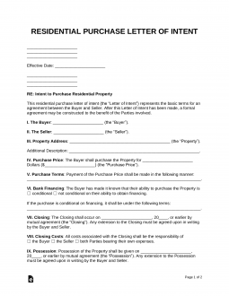 Letter of Intent (LOI) to Purchase Residential Property