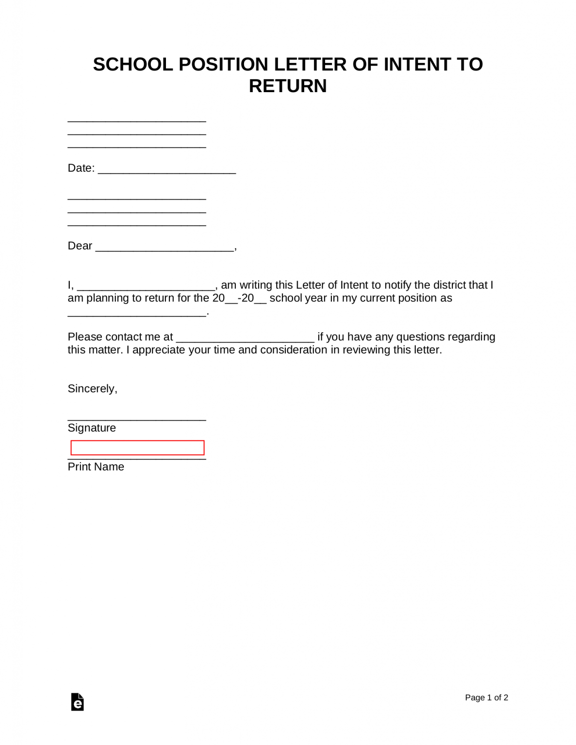 Free School Position Letter of Intent Template - PDF | Word – eForms