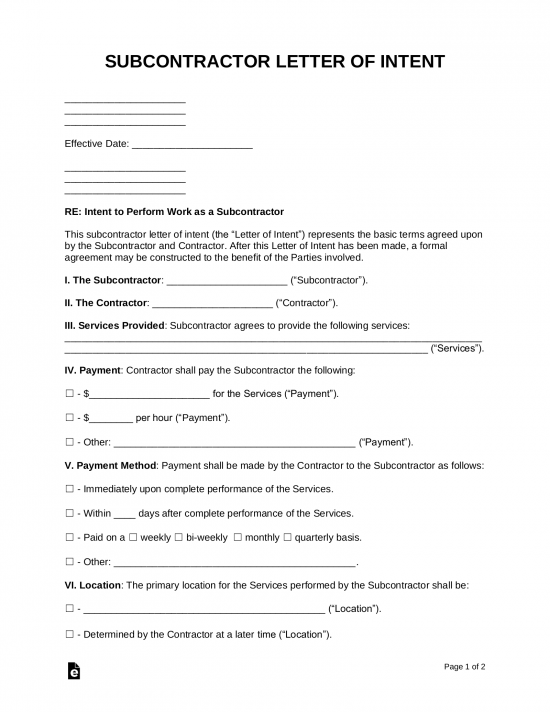Subcontractor Letter of Intent Template
