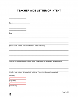 Teacher’s Aide Letter of Intent – For a Position