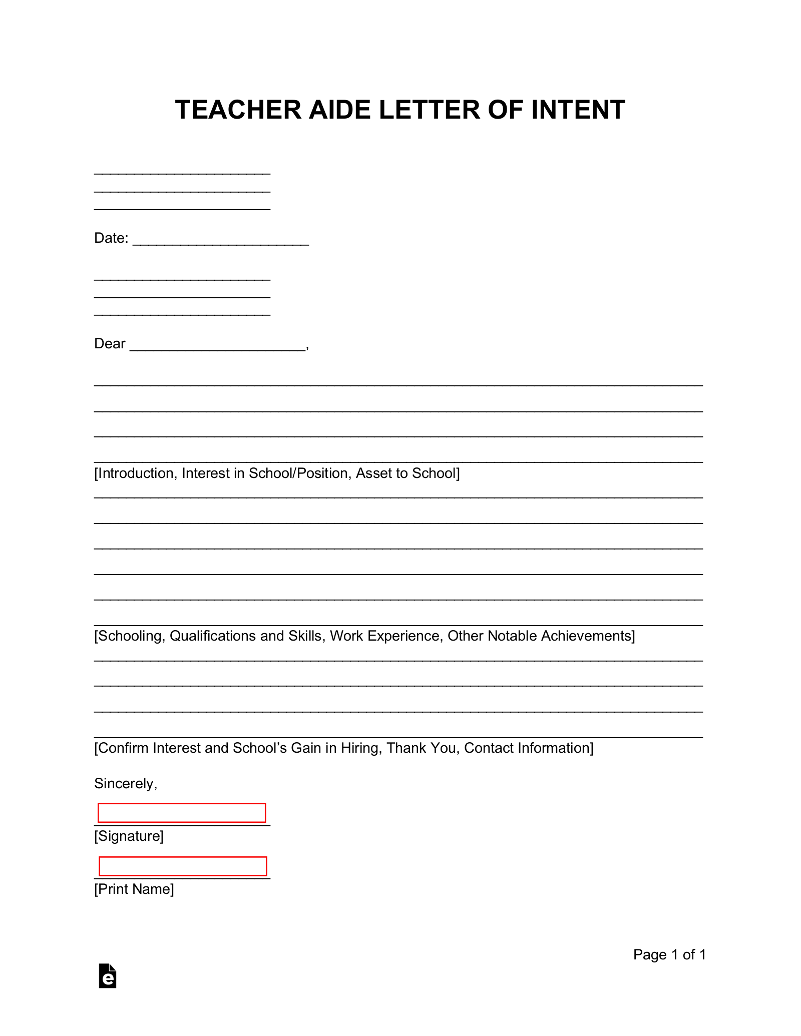 Teacher’s Aide Letter of Intent – For a Position