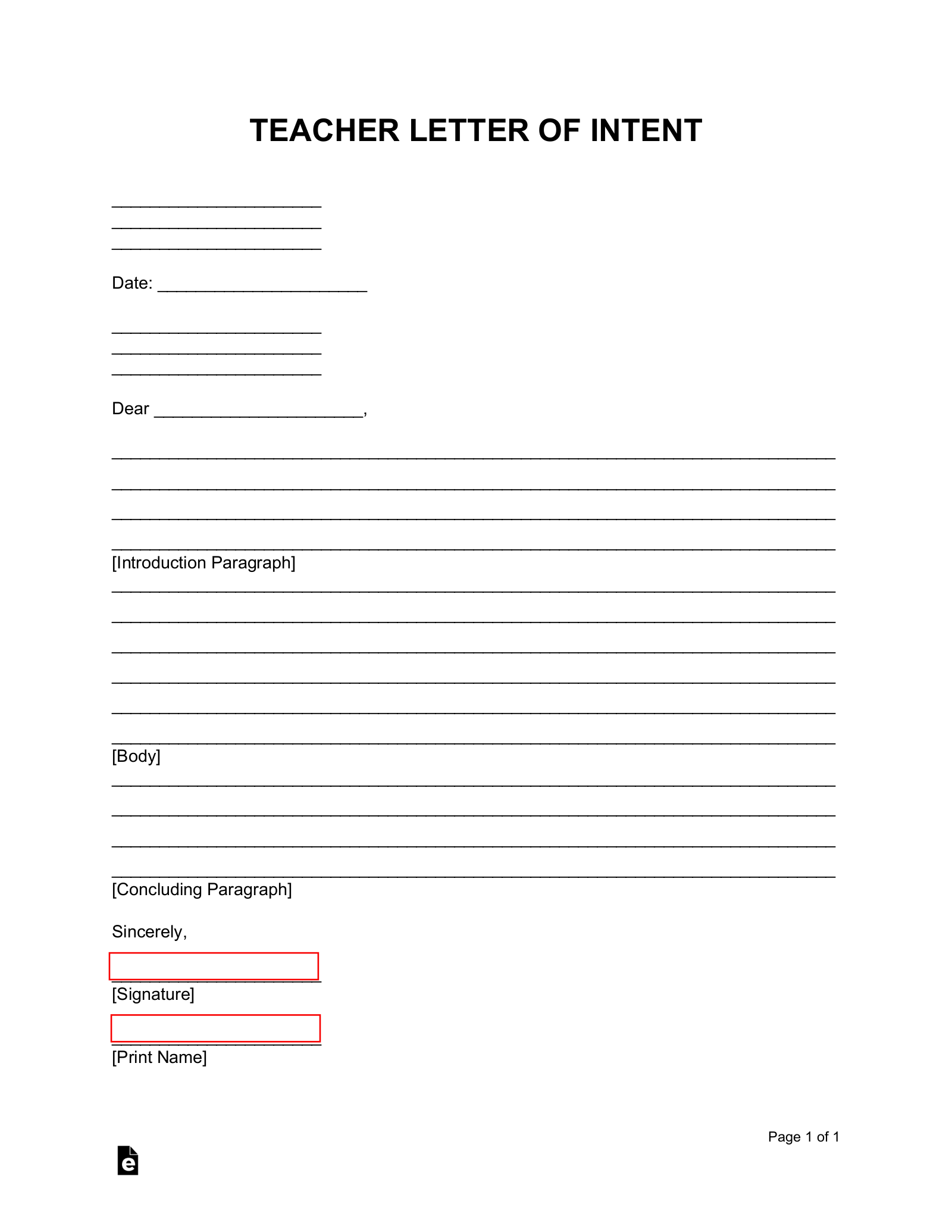 Free Teacher Letter Of Intent Word Pdf Eforms