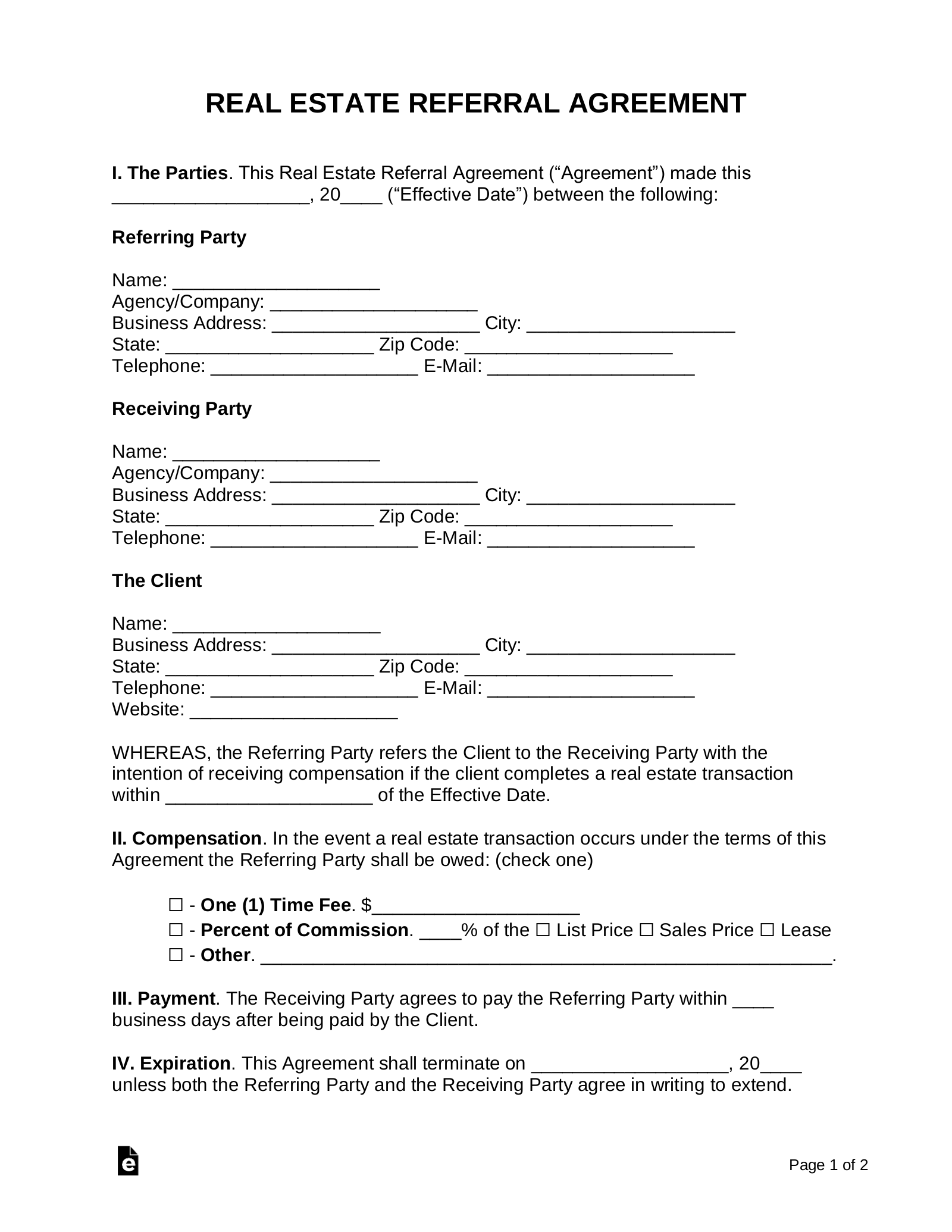 Free Real Estate Referral Agreement Pdf Word Eforms 1073