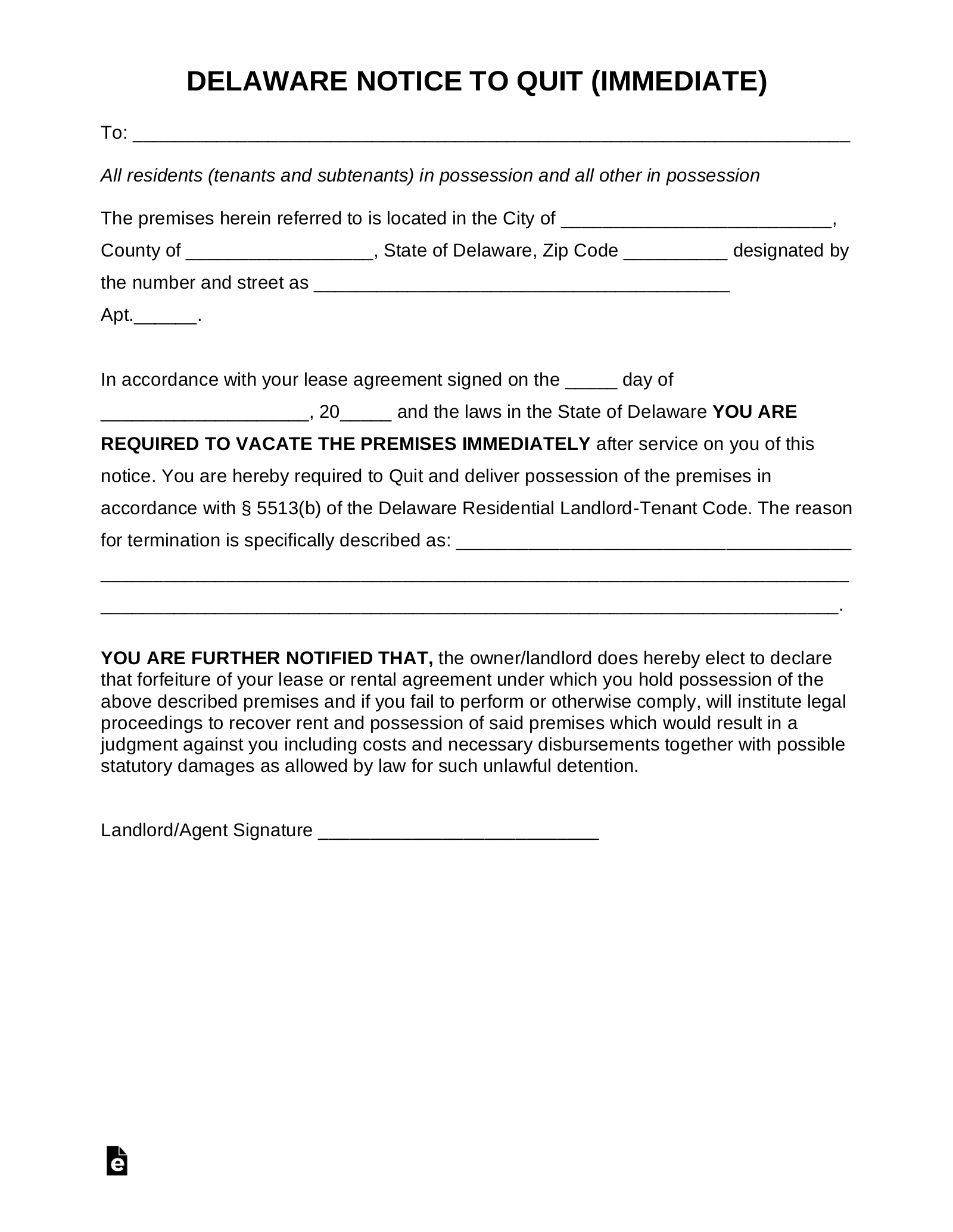 Free Delaware Eviction Notice Forms (4) PDF Word eForms