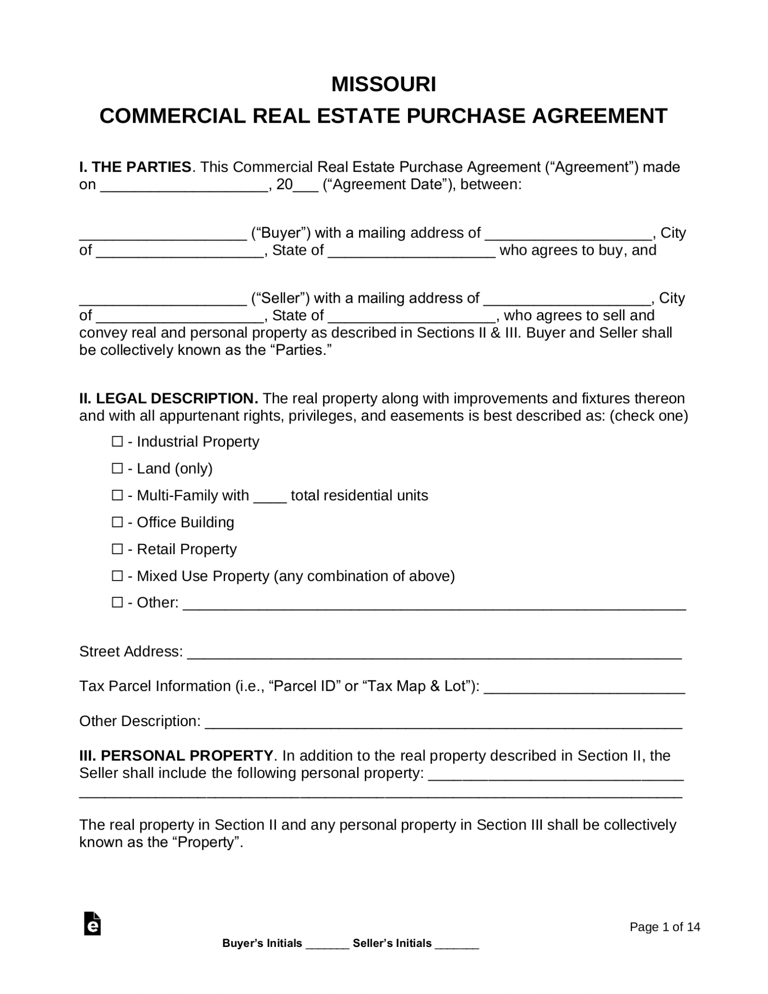 Free Missouri Commercial Real Estate Purchase and Sale Agreement PDF