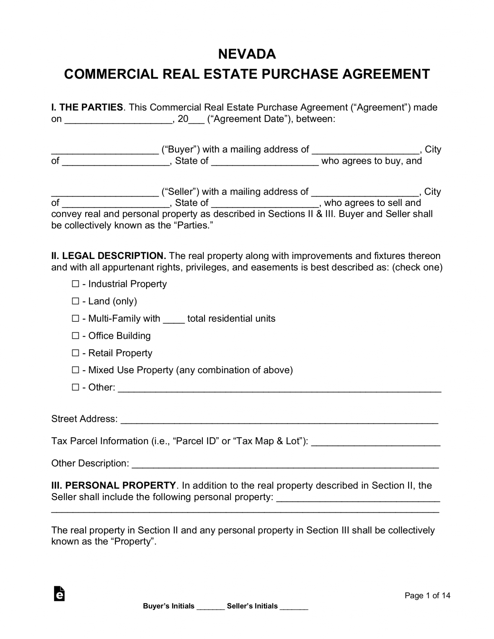 Free Nevada Commercial Real Estate Purchase And Sale Agreement PDF   Nevada Commercial Real Estate Purchase Agreement 1583x2048 