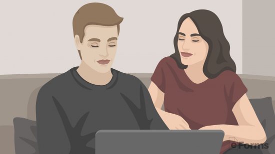 couple reviewing terms of prenuptial agreement on laptop