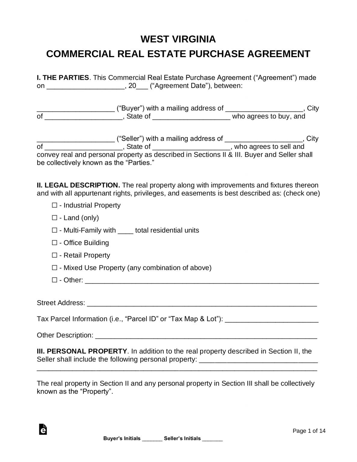 Free West Virginia Commercial Real Estate Purchase and Sale Agreement