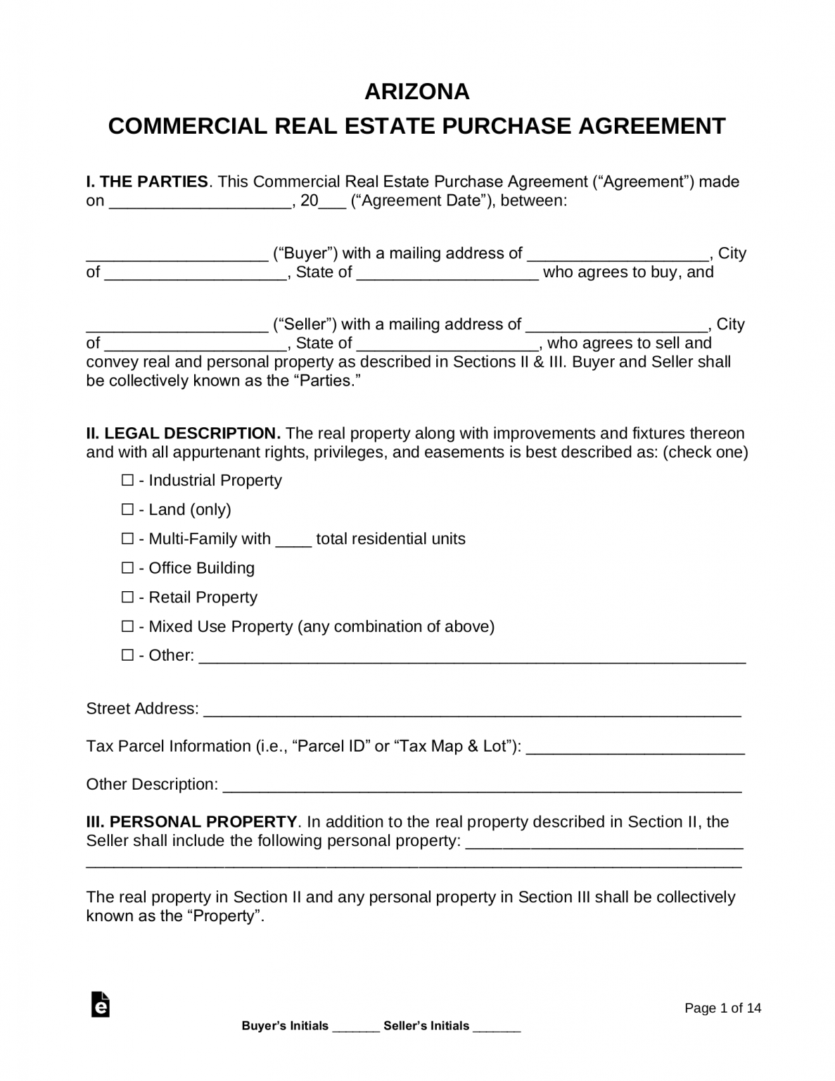 Free Arizona Commercial Purchase And Sale Agreement PDF Word EForms