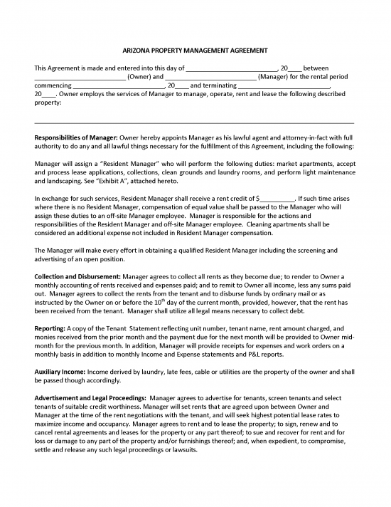 Free Arizona Property Management Agreement Commercial & Residential PDF Word eForms