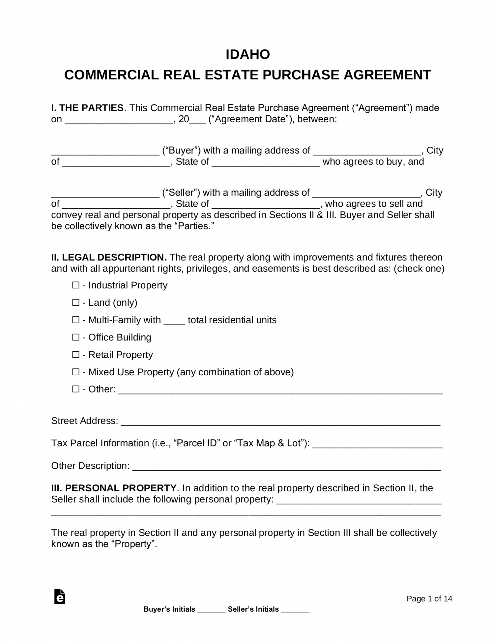 Free Idaho Commercial Real Estate Purchase and Sale Agreement PDF