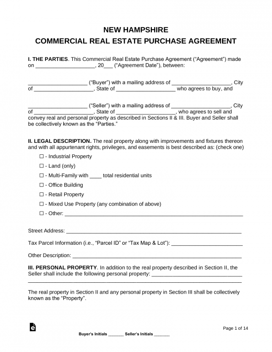 New Hampshire Commercial Real Estate Purchase and Sale Agreement
