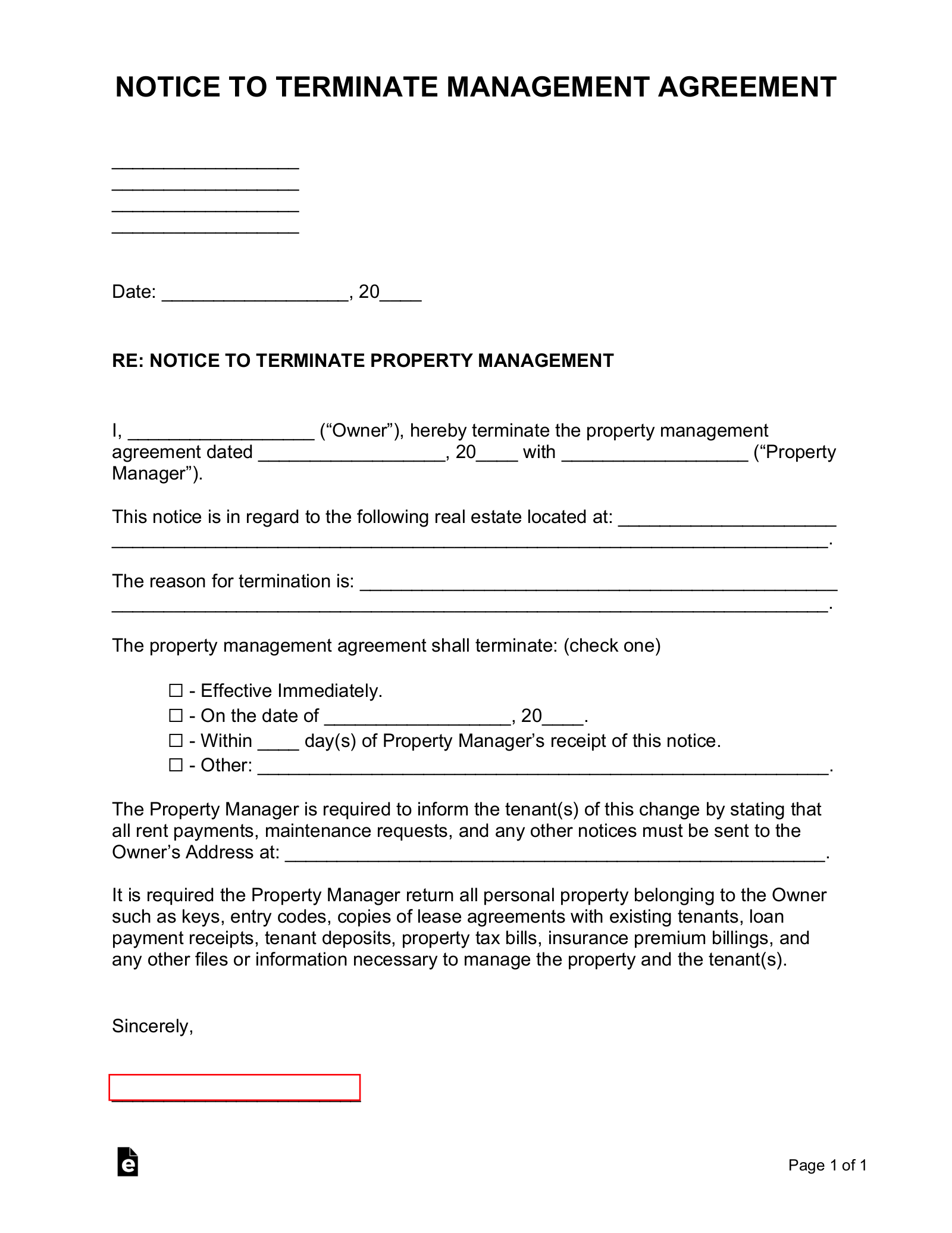 Terminate Property Management Agreement Letter from eforms.com