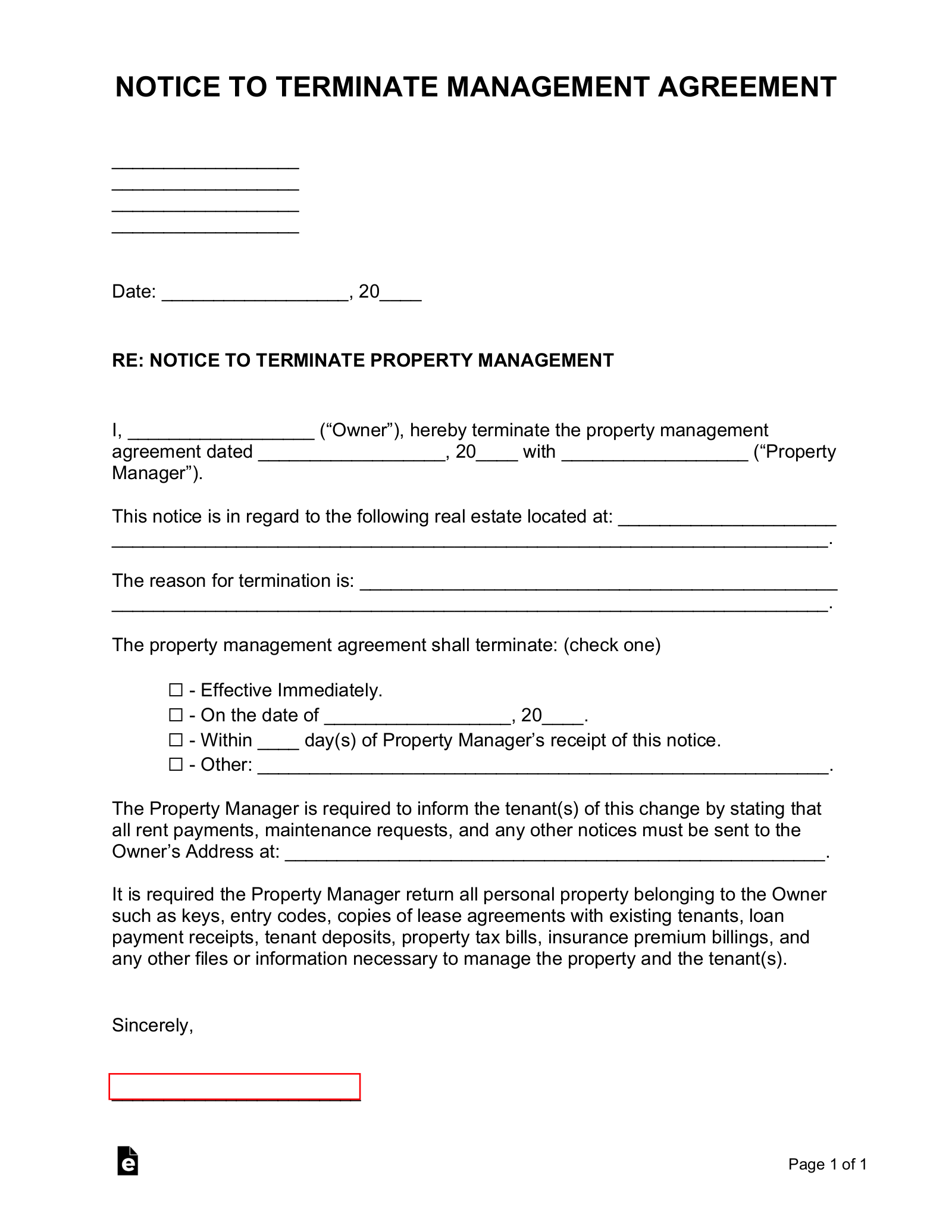 Free Property Management Agreement Termination Letter Pdf Word Eforms 4067