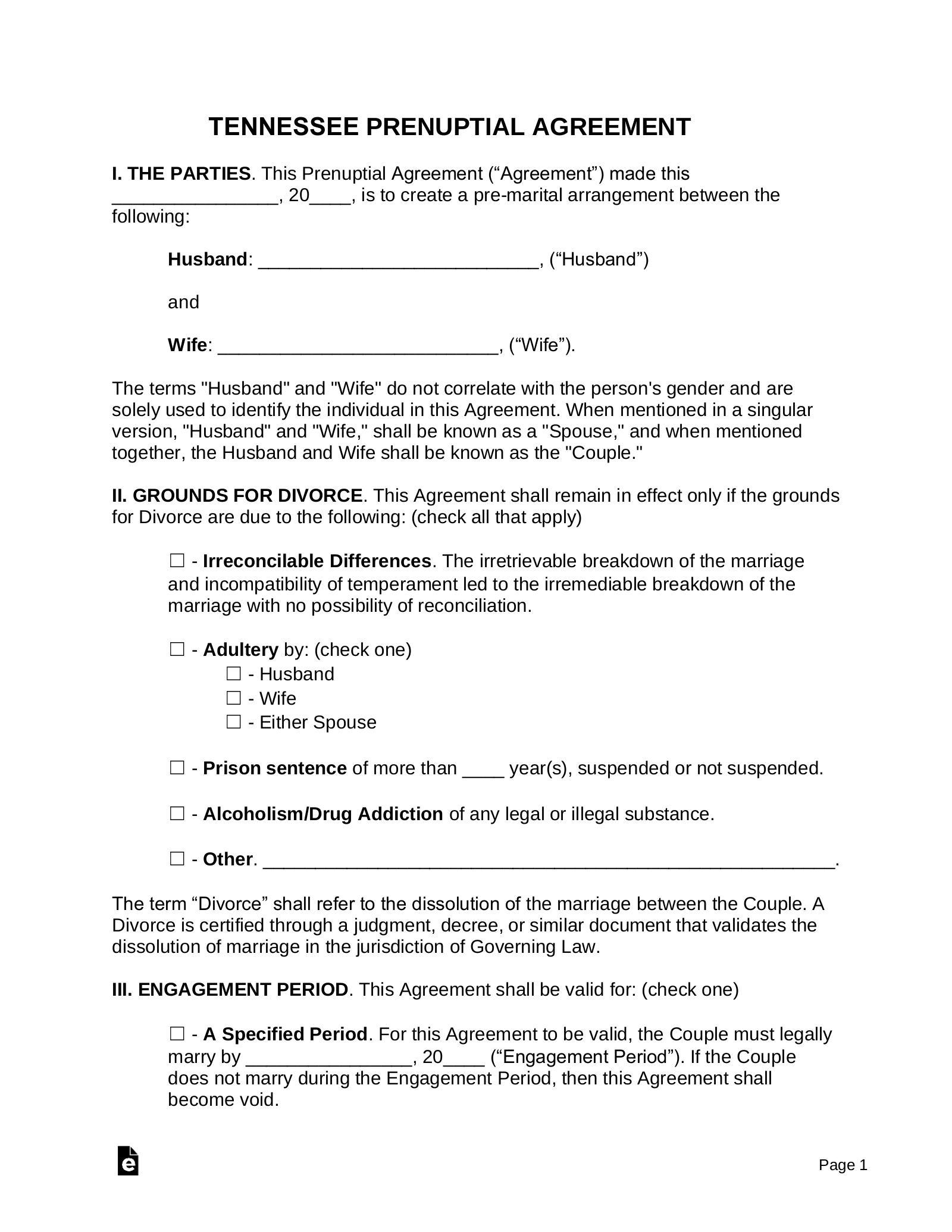 Tennessee Prenuptial Agreement Template