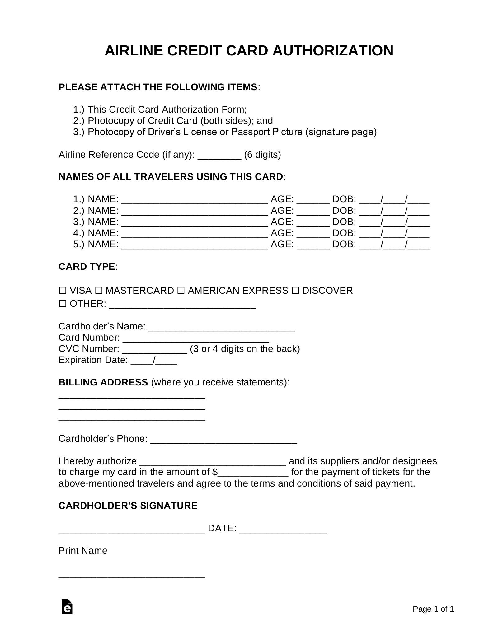 Free Airline Credit Card Authorization Form Pdf Word Eforms