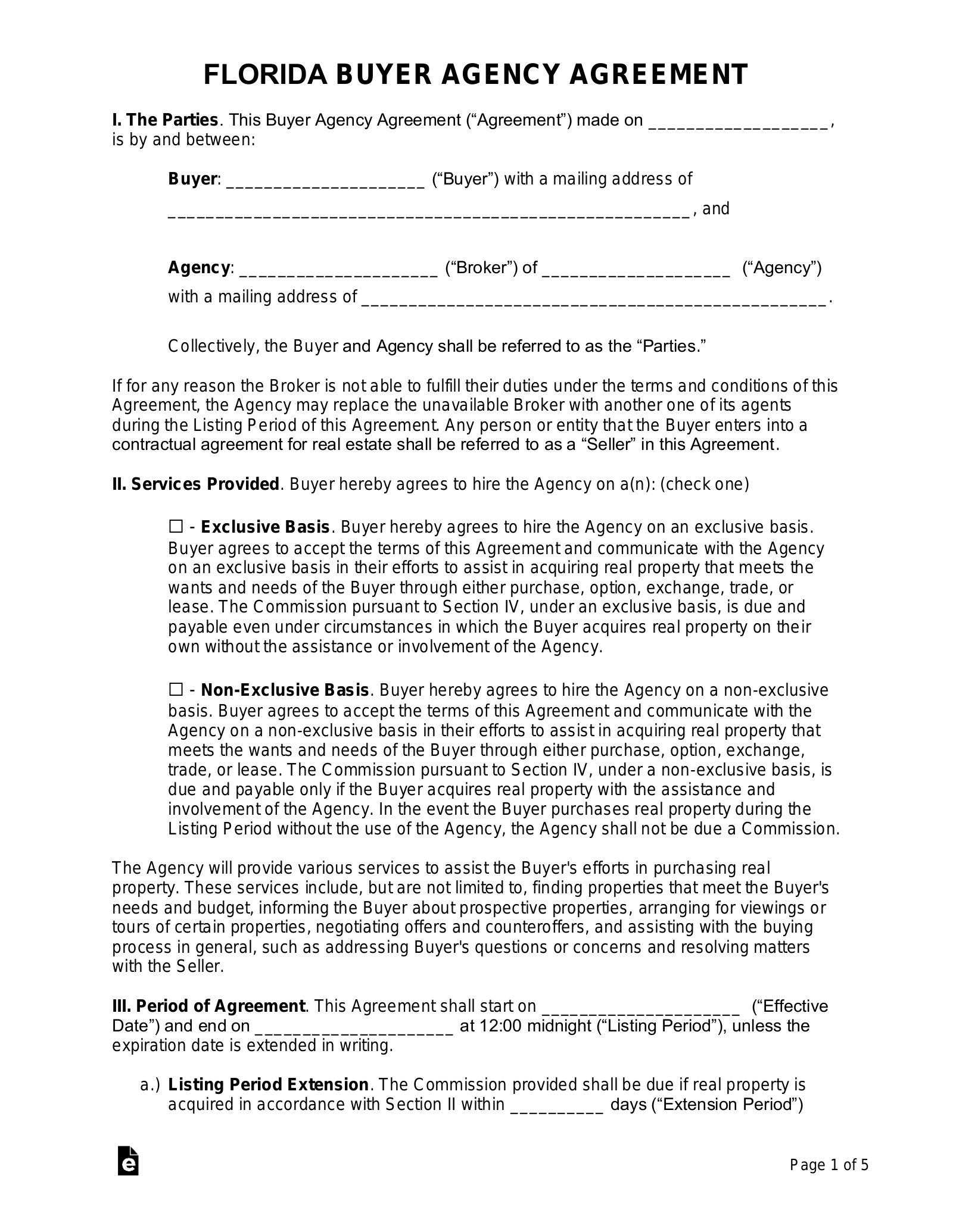 Free Florida Buyer Agency Agreement PDF Word EForms
