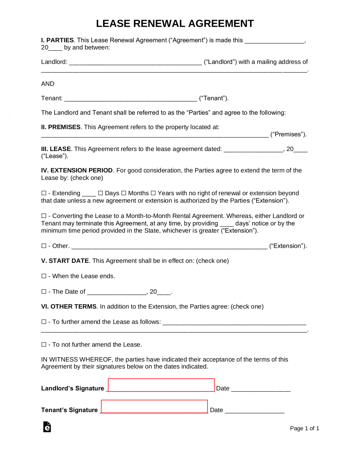 Free Lease Renewal (Extension) Agreement PDF Word eForms