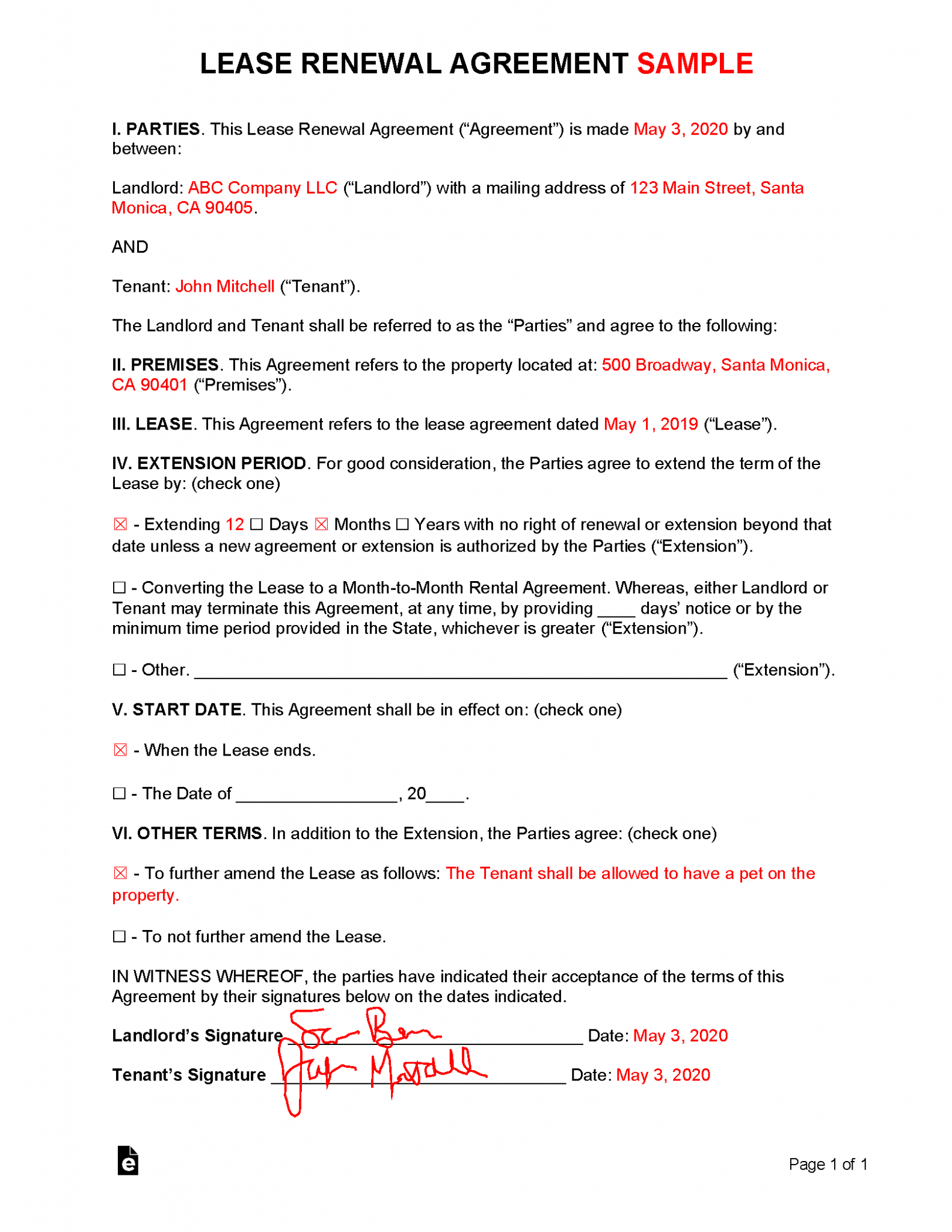 Free Lease Renewal (Extension) Agreement PDF Word eForms