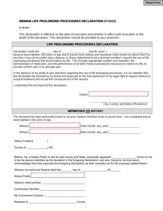 Indiana Life-Prolonging Procedures Form