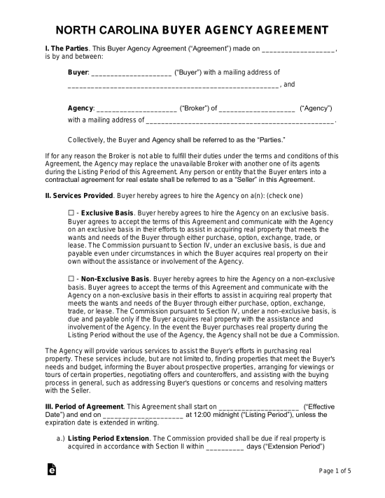North Carolina Buyer Agency Agreement