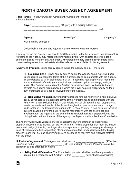 North Dakota Buyer Agency Agreement