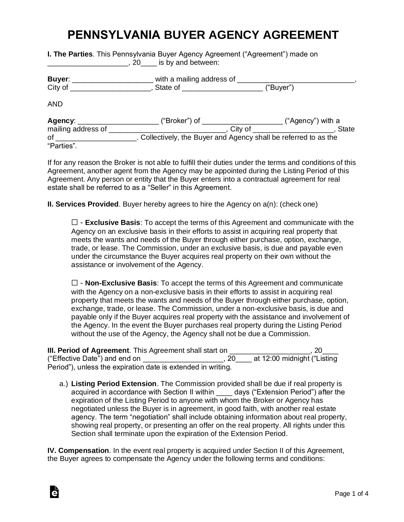Pennsylvania Buyer Agency Agreement
