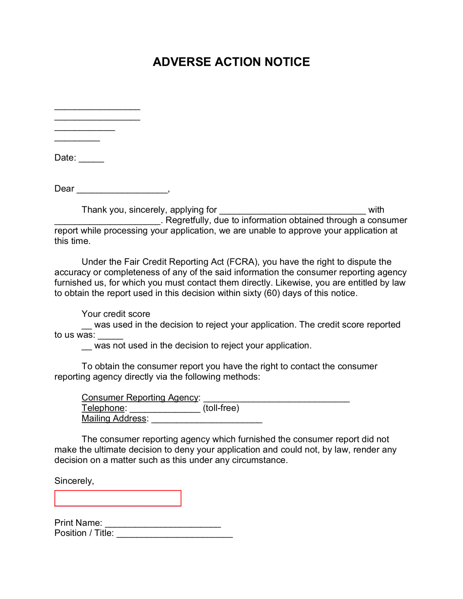 Free Adverse Action Notices 8 FCRA PDF Word EForms