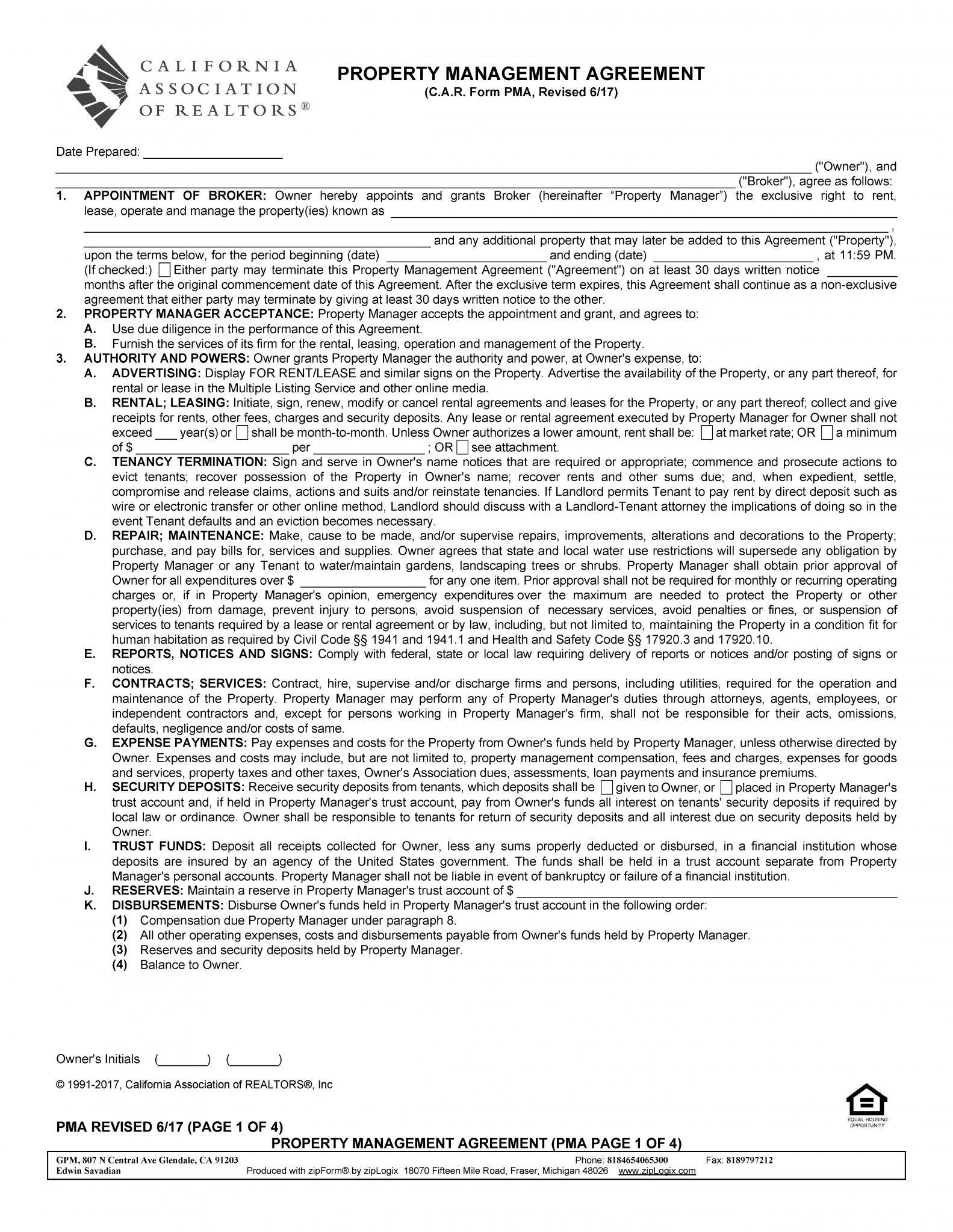 Free California Property Management Agreement Commercial