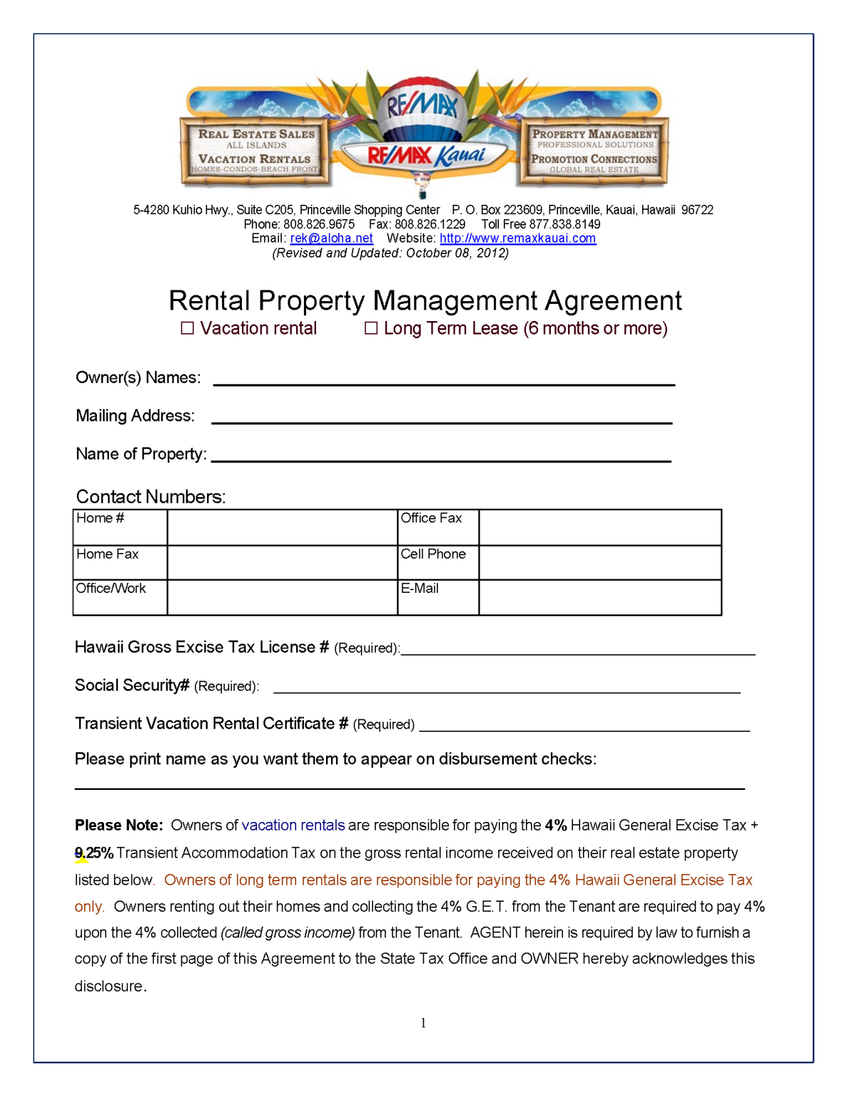 Free Hawaii Property Management Agreement Commercial & Residential