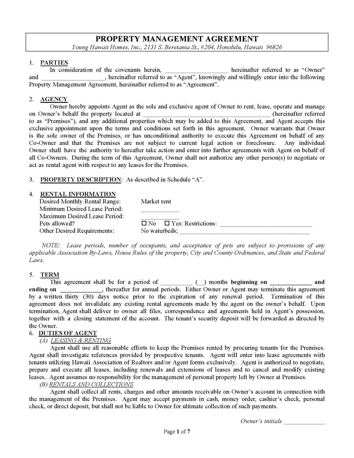 Free Hawaii Property Management Agreement Commercial & Residential