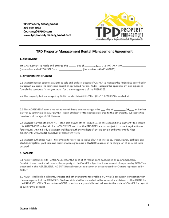 Free Idaho Property Management Agreement Commercial & Residential