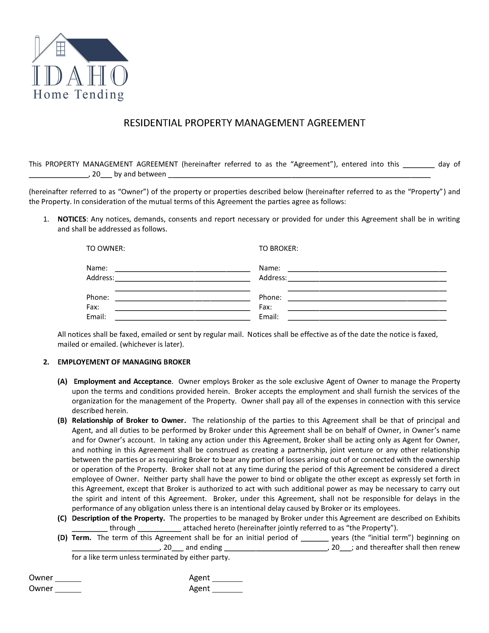 Free Idaho Property Management Agreement Commercial & Residential