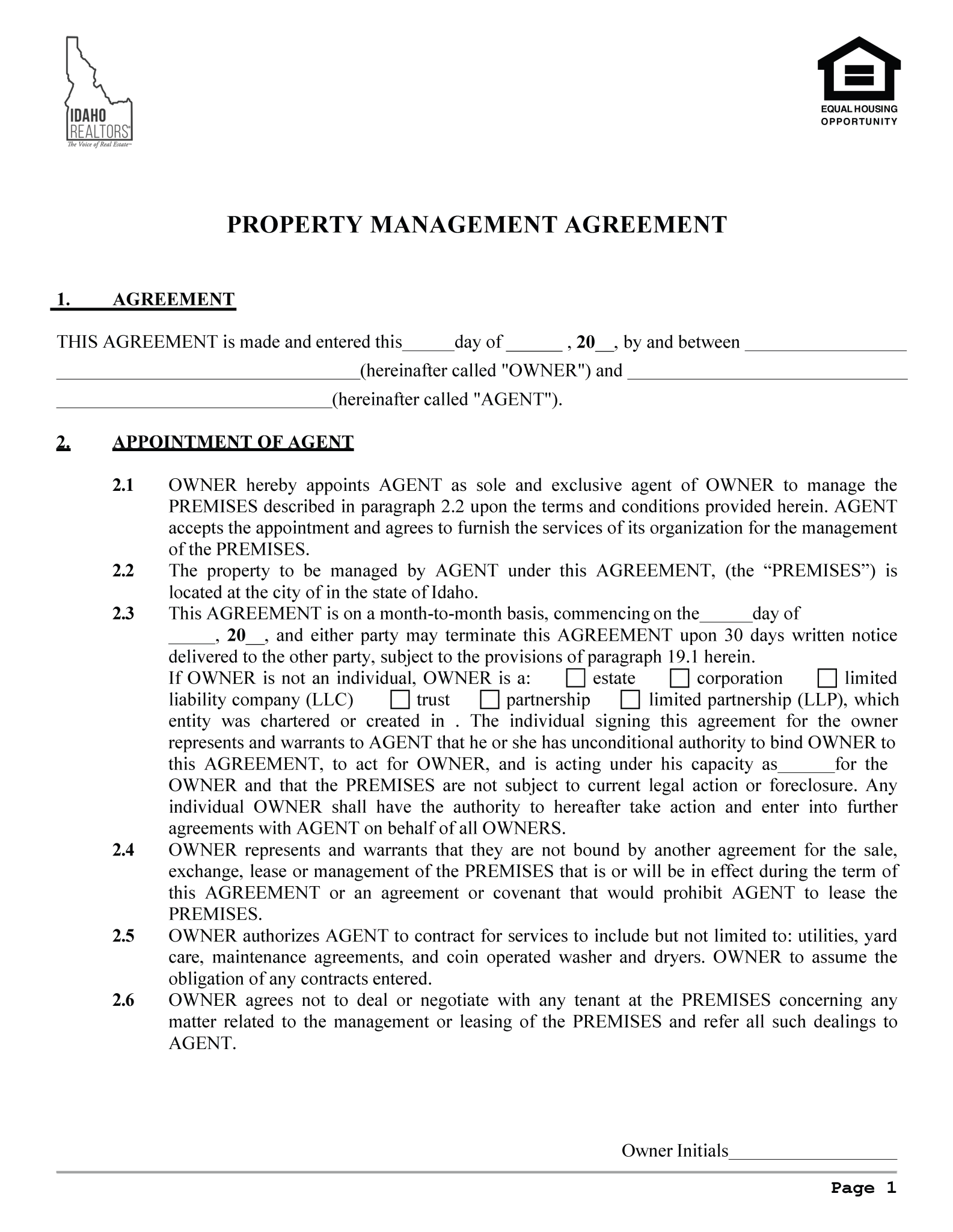 Free Idaho Property Management Agreement Commercial & Residential