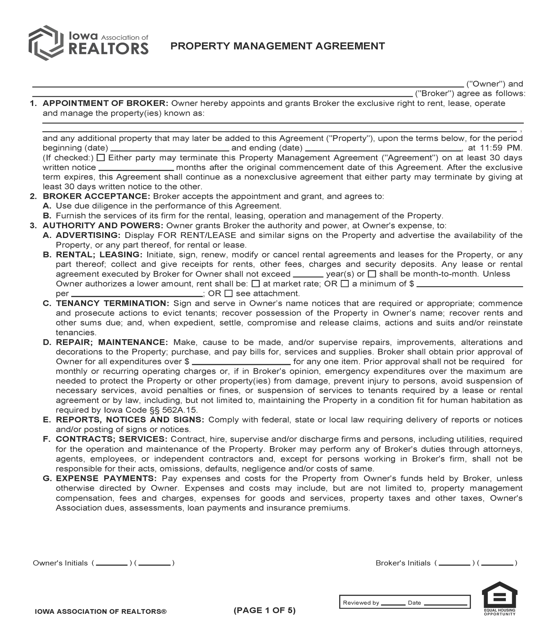 Free Iowa Property Management Agreement Commercial & Residential