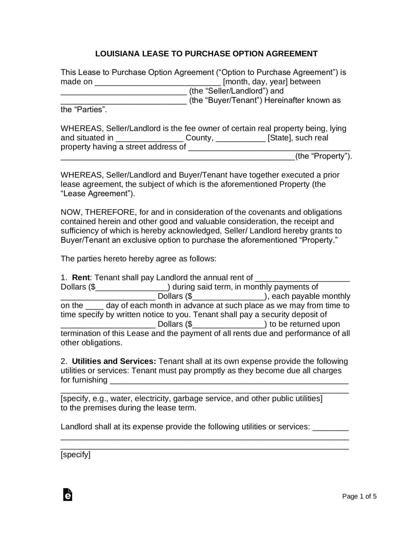 Free Louisiana Rent to Own Lease Agreement PDF Word EForms