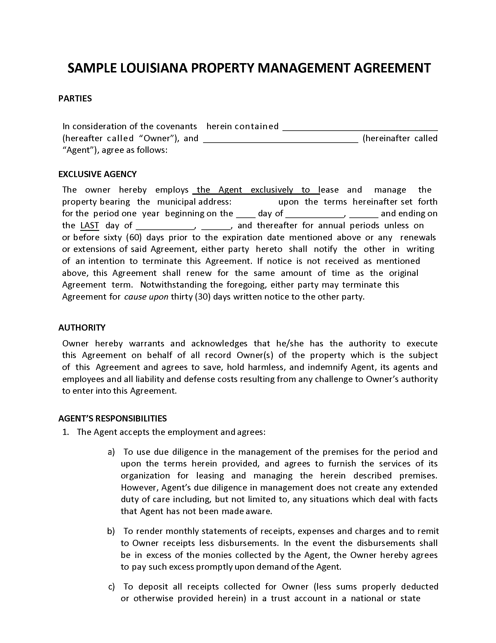 Free Louisiana Property Management Agreement Commercial & Residential