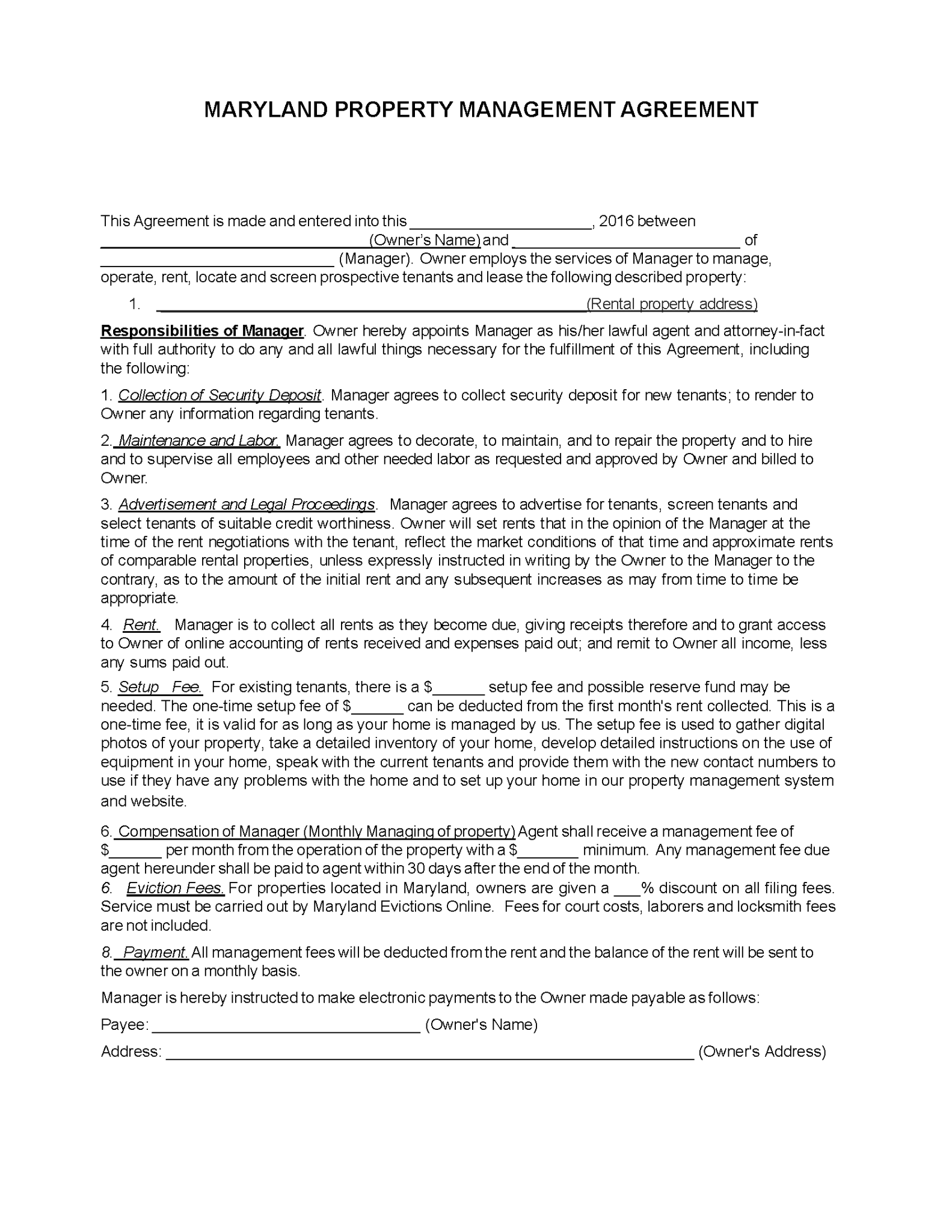 Free Maryland Property Management Agreement Commercial & Residential PDF Word eForms