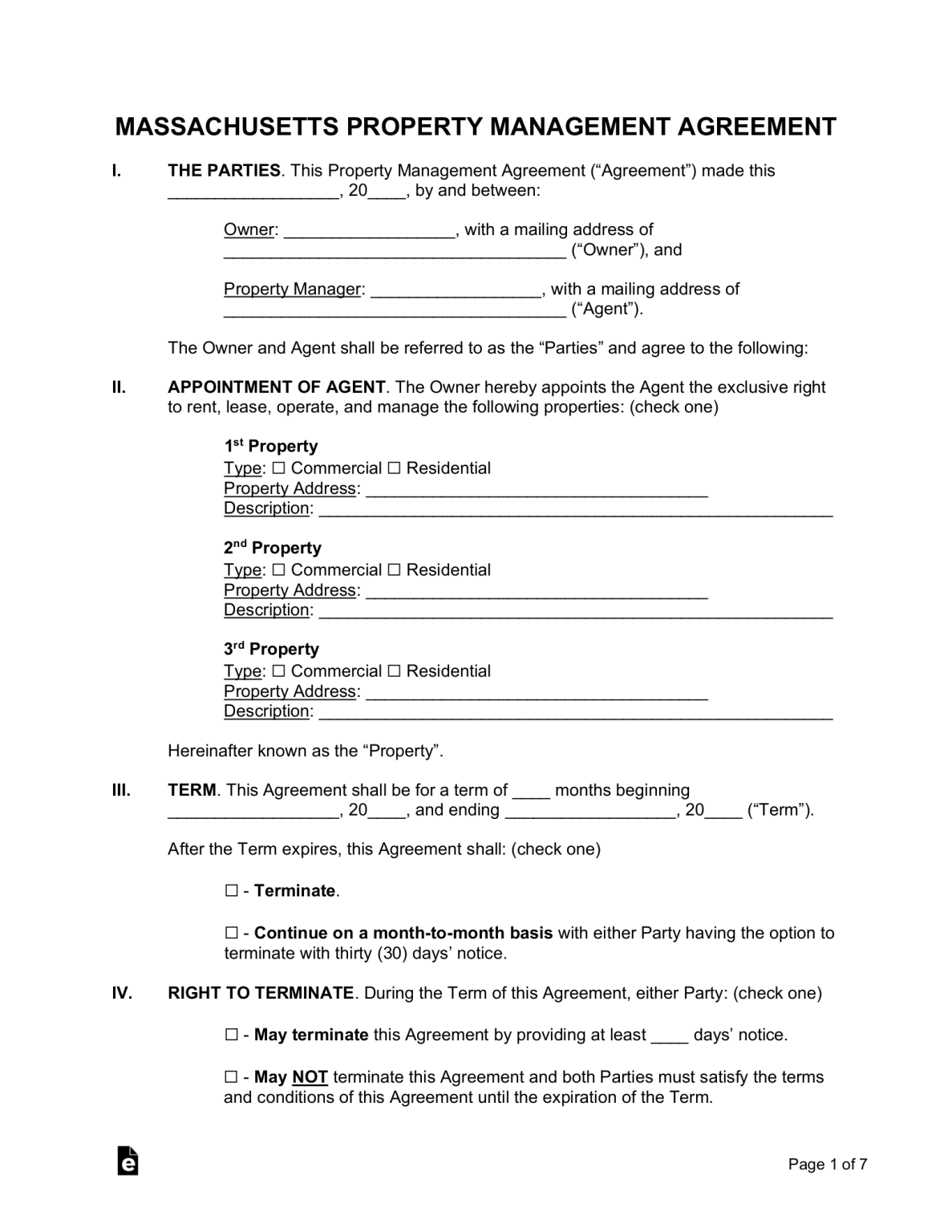 Free Massachusetts Property Management Agreement Template PDF Word
