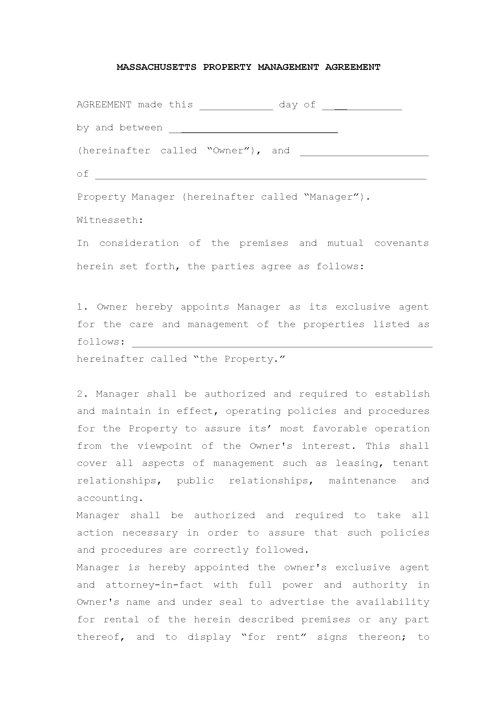 Free Massachusetts Property Management Agreement Commercial