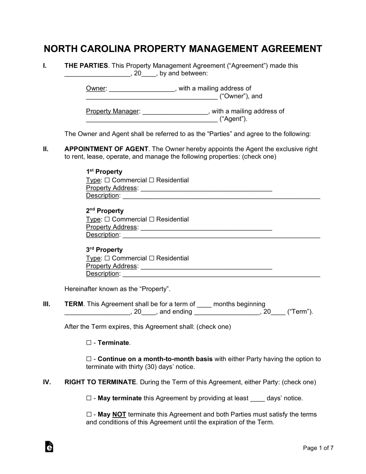 Free North Carolina Property Management Agreement Template PDF Word