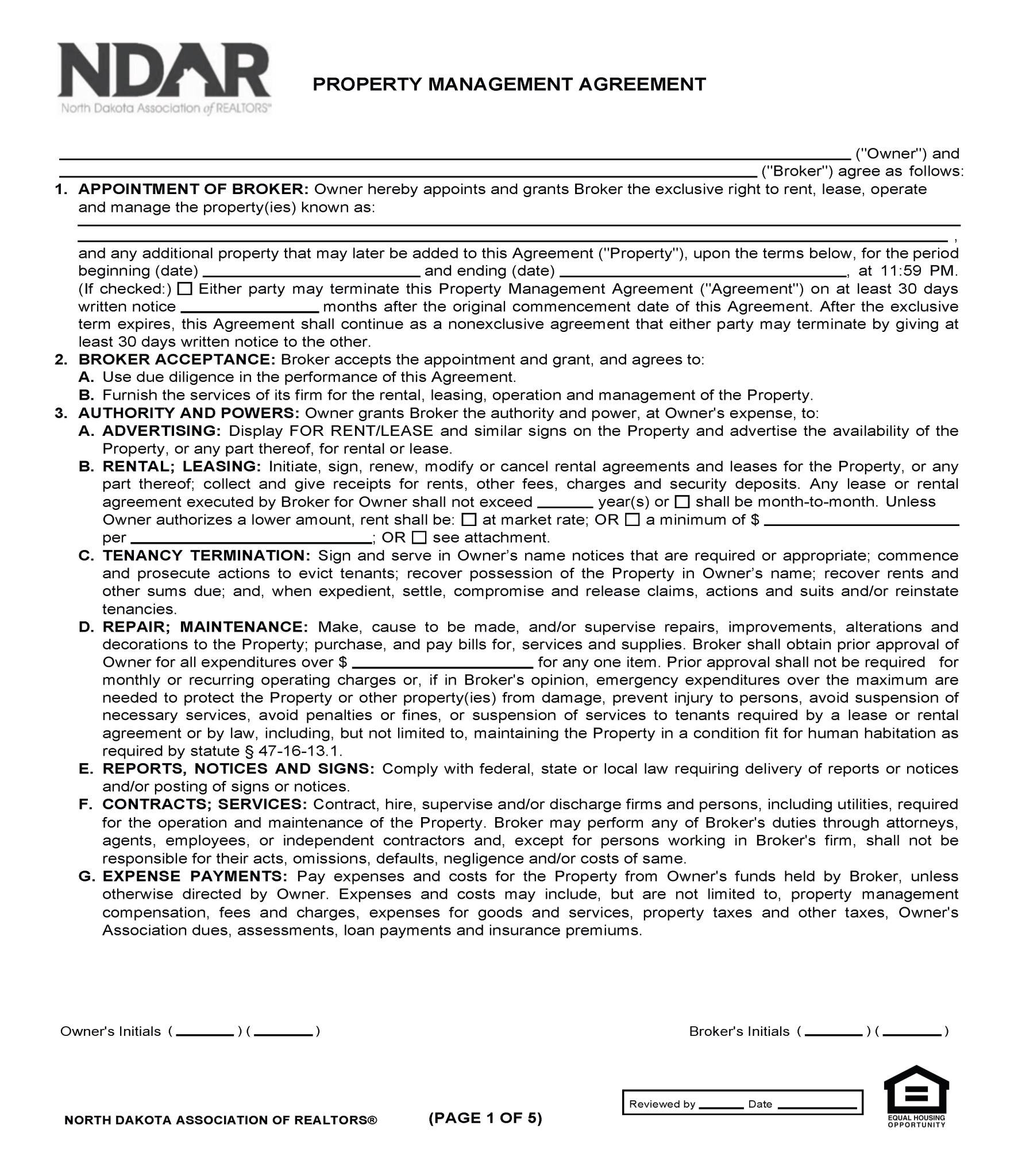 Free North Dakota Property Management Agreement Commercial