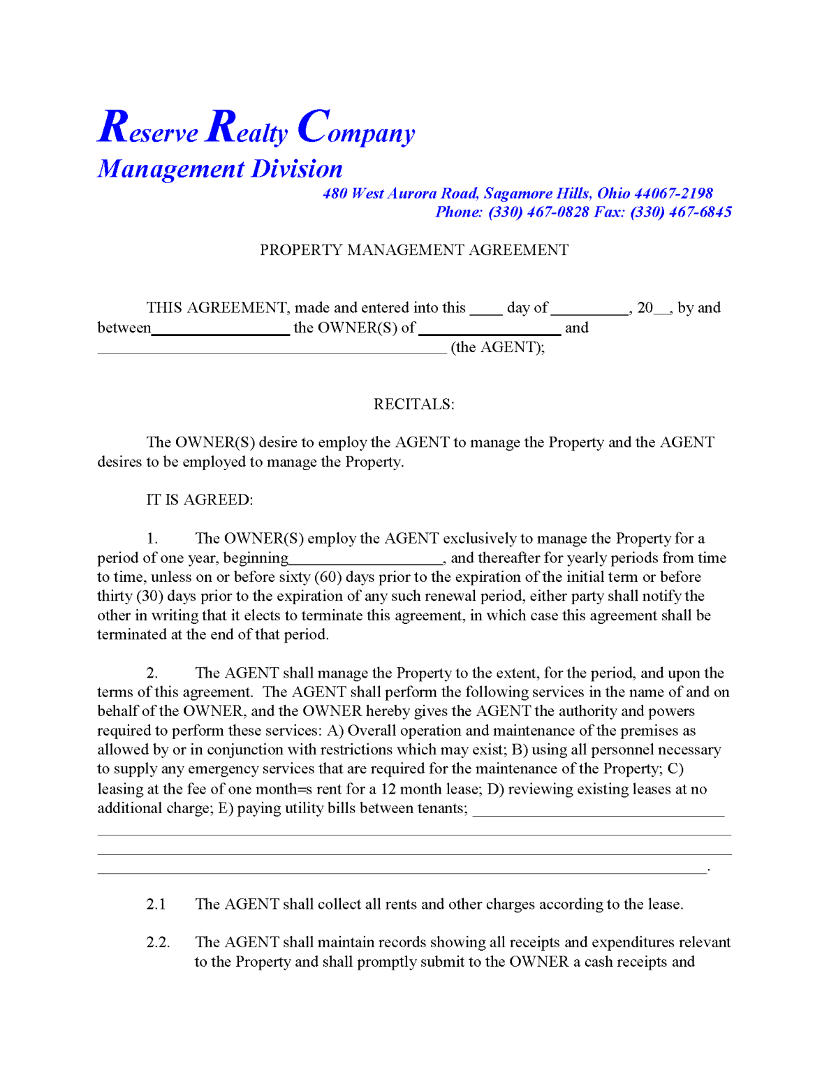 Free Ohio Property Management Agreement Commercial & Residential