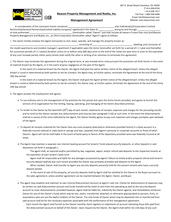 Free Ohio Property Management Agreement Commercial & Residential