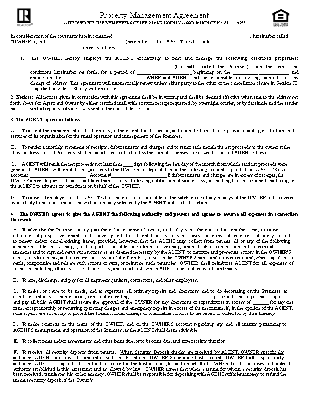 Free Ohio Property Management Agreement Commercial & Residential