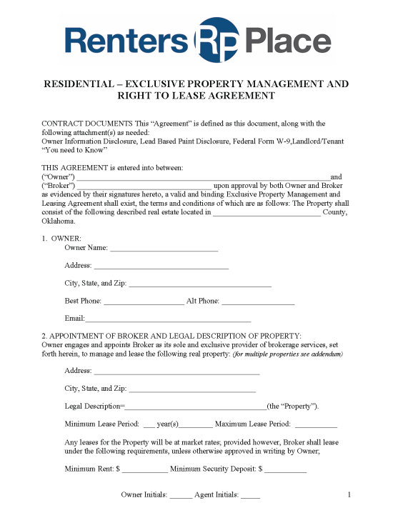 Free Oklahoma Property Management Agreement Commercial & Residential